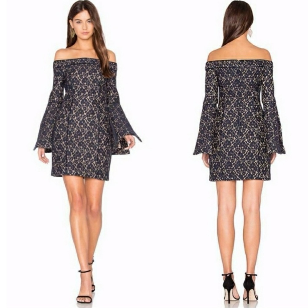 Keepsake The Label: Elegant Off-Shoulder Navy/Nude Lace Dress with Belle Sleeve